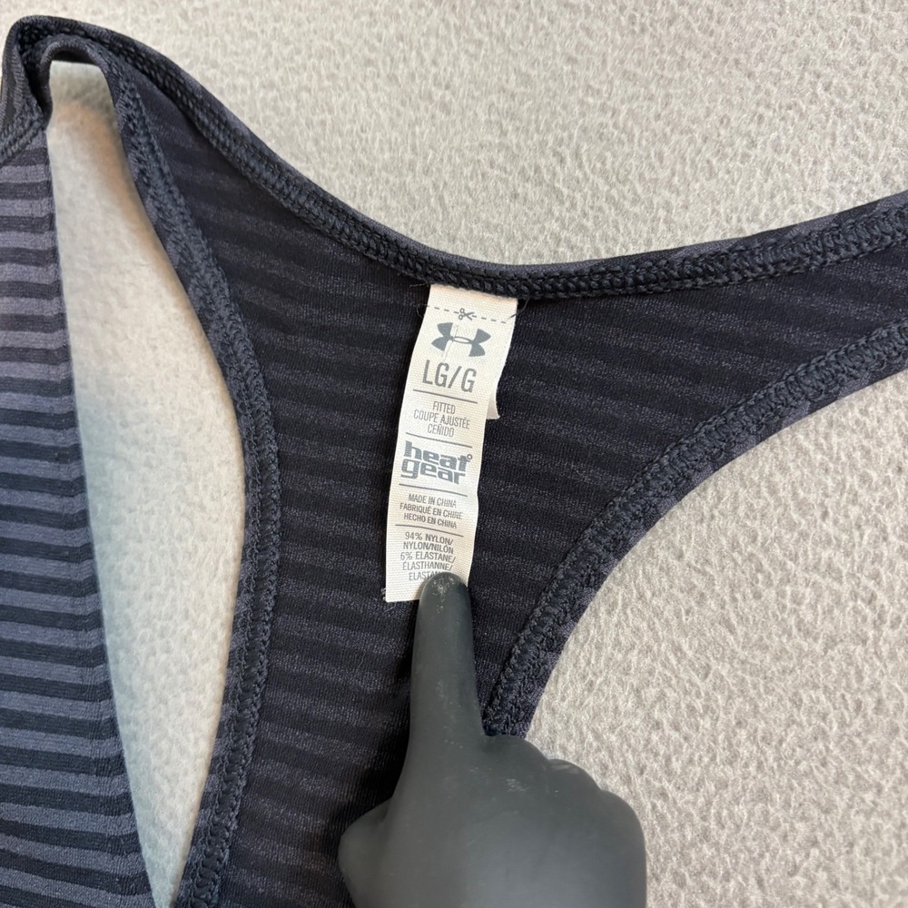 Under Armour HeatGear Tank Top Womens Large Black Grey Striped Racerback Fitted - Picture 4 of 7